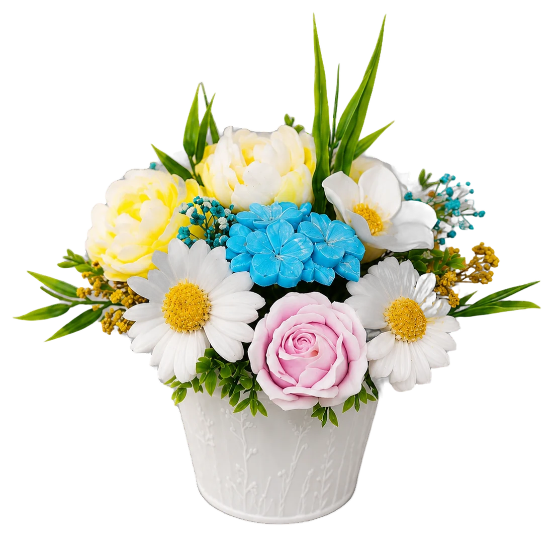 Bouquet of handmade soap flowers – roses, daisies and hydrangeas in a white pot